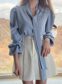 DAZY 1pc Women's Solid Color Bow Neck Elegant Business Casual Blouse,Ruffle,Fall Clothes