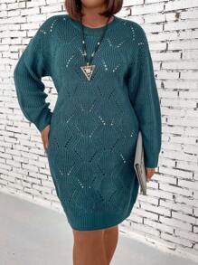 SHEIN LUNE Kích thước lớn Của phụ nữ Xu hướng: Cắt giảm Áo len dệt kim Đầm - Màu xanh lá cây đậm - Xem 5