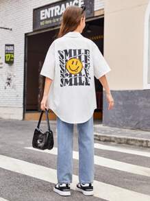 Camisa Casual Solta De Tecido Com Impressão De Letras E Rosto Para Meninas Pré-adolescentes - Branco - Ver 6