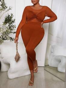 Slaydiva Plus Size Women'S Mesh Contrast Twisted Jumpsuit - Rust Brown - View 1