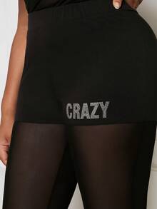 Slaydiva 大尺碼女性字母印花網眼短袖上衣和長褲套裝 - 黑色 - 查看 5