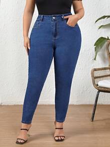 SHEIN LUNE Plus Size High Waisted Butt Lifting Skinny Jeans - Blue - View 2