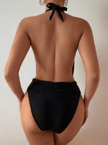 SHEIN Swim Summer Women's One-Piece Swimsuit With Ruffle Detail And Halter Neckline - Black - View 2