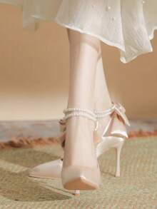 女士法式珍珠蝴蝶結絨面高跟鞋,非常適合旗袍、禮服、伴娘和新娘鞋（白色） - 香檳色 - 查看 2