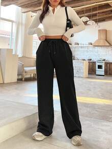 SHEIN EZwear Women's Thermal Lined Straight Leg Sweatpants - Black - View 5