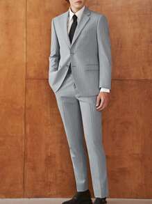 Men's Vertical Stripe Stand Collar Long Sleeve Jacket And Pants Casual Business Suit Set - Light Grey - View 1