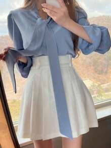 DAZY 1pc Women's Solid Color Bow Neck Elegant Business Casual Blouse,Ruffle,Fall Clothes