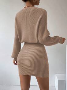 SHEIN Clasi 女士圓領下垂肩長袖針織毛衣裙 - 卡其色 - 查看 2