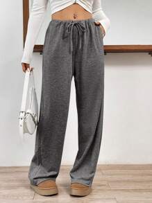 SHEIN EZwear Women's Drawstring Straight Leg Sweatpants - Dark Grey - View 6