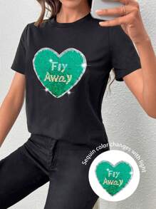 Calvaya Women'S Plus Size Sequin Patchwork Short Sleeve T-Shirt - Black - View 1