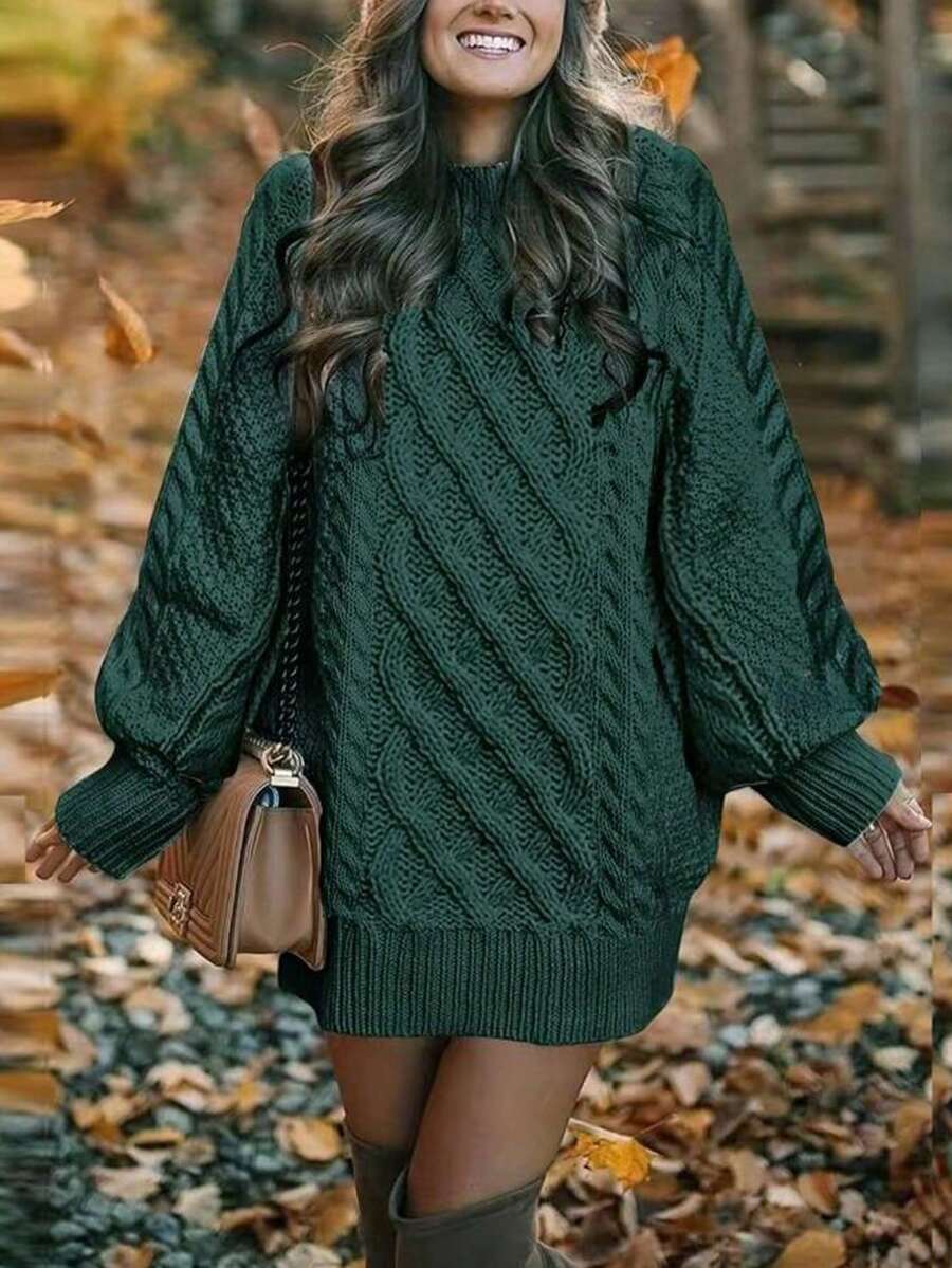 Cable Knit Raglan Sleeve Sweater,Long Sleeve Tops - Green - View 1