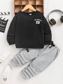 SHEIN Young Boy Casual Sports Print Pattern Crew Neck Sweatshirt And Knitted Long Pants Set, Fleece, Thickened - Multicolor - View 2