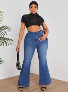 SHEIN SXY Plus Size Elastic Slim Fit Elegant Flared Jeans - Blue - View 3