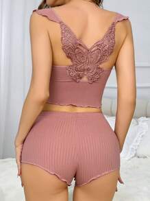 SHEIN 女士刺繡蝴蝶後背彈力針織睡衣套裝 - 藕粉色 - 查看 3