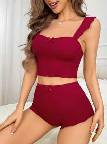 SHEIN 女士蝴蝶蕾丝设计吊带睡衣套装睡衣套装红色两件套红色两件套 - 酒紅色 - 查看 5