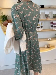 DAZY Women'S Elegant Floral Print Wrap Neckline Dress - Green - View 2