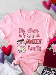 INAWLY Women's Love & Slogan Print Round Neck T-Shirt My Class Is Full Of SWEET Hearts Graphic Tees Women Tops - Pink - View 1