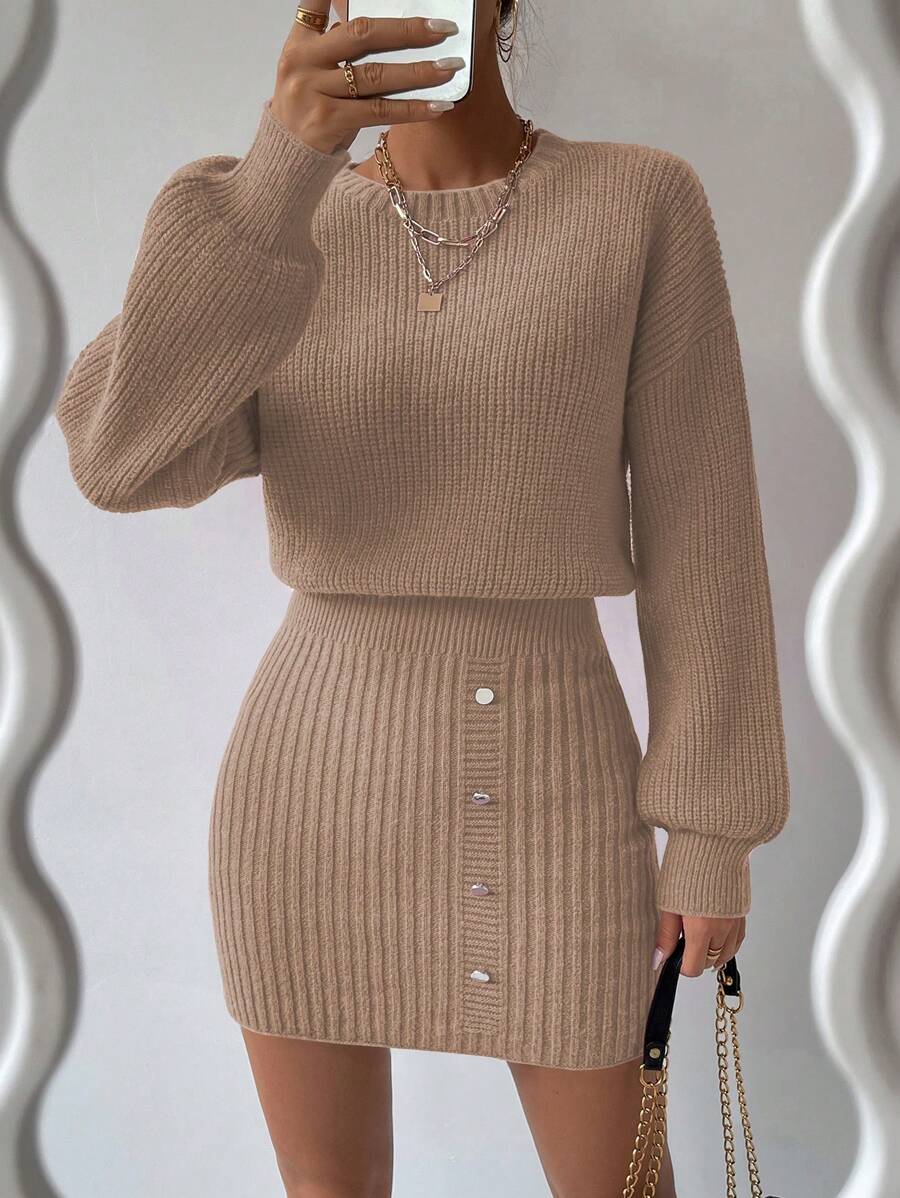 SHEIN Clasi 女士圓領下垂肩長袖針織毛衣裙 - 卡其色 - 查看 1