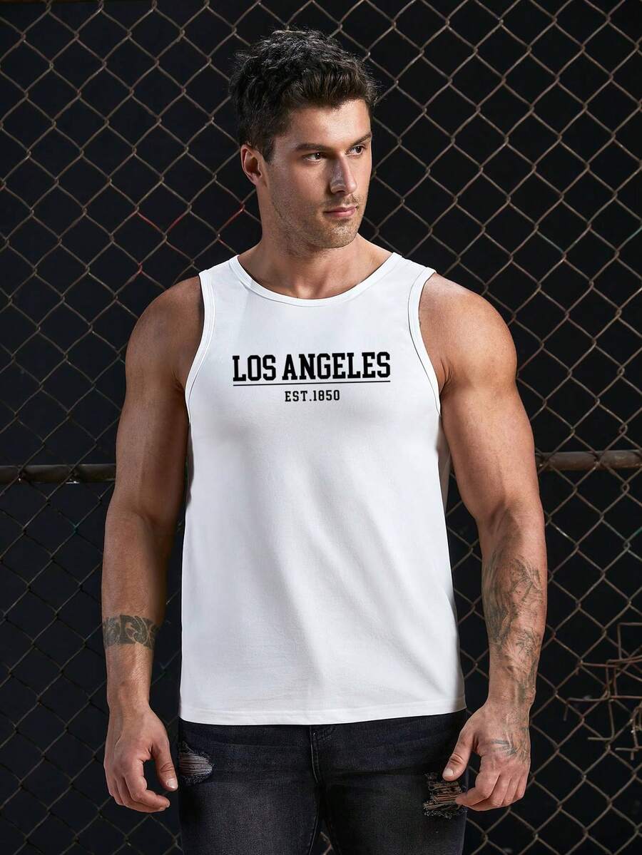 Manfinity Homme Men'S Plus Size Sleeveless Shirt With Letter Print - White - View 1