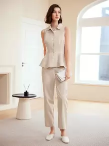 MOTF PREMIUM 女款純色前扣無袖襯衫 - 杏色 - 查看 7
