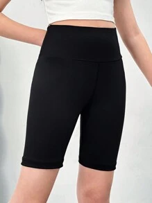 Tween Girl Solid Wide Waistband Biker Shorts - Black - View 2