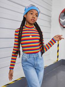 青少女休閒針織彩虹條紋長袖上衣,適合日常穿著 - 彩色 - 查看 1