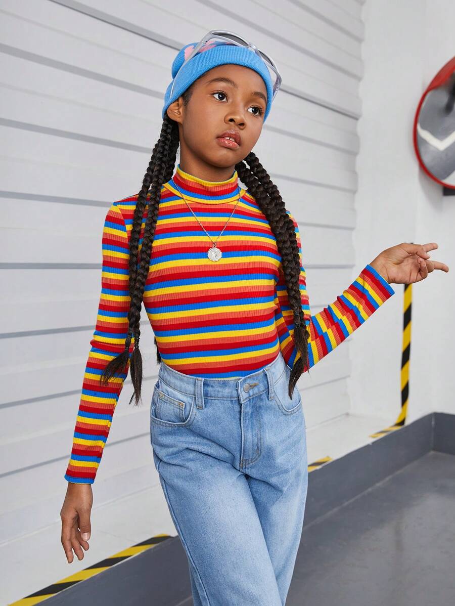 青少女休閒針織彩虹條紋長袖上衣,適合日常穿著 - 彩色 - 查看 1