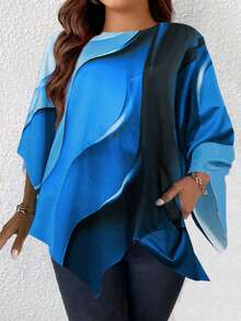 Plus Size Graphic Print Bell Sleeve T-Shirt - Blue - View 3