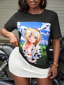 Slaydiva Women's Cute 2d Character Print Short Sleeve T-Shirt - Black - View 2