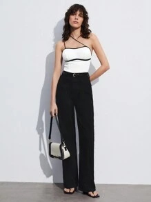 BizChic Women's Color Block Asymmetric Neckline Camisole With Edging - Black and White - View 2