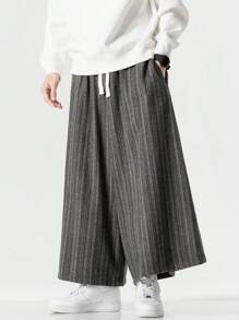 男士中国风加厚羊毛条纹阔腿裤，新款中国风休闲裤，保暖防风 - 灰色 - 查看 1