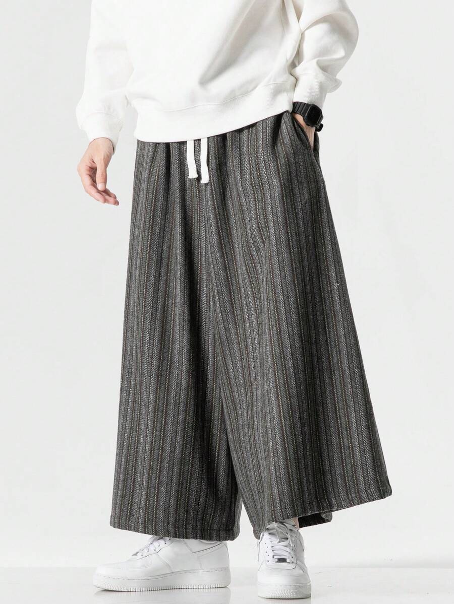 男士中国风加厚羊毛条纹阔腿裤，新款中国风休闲裤，保暖防风 - 灰色 - 查看 1