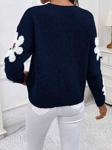 SHEIN LUNE Women's Casual Flower Pattern Knit Pullover Fall Winter Sweater - Navy Blue - View 2