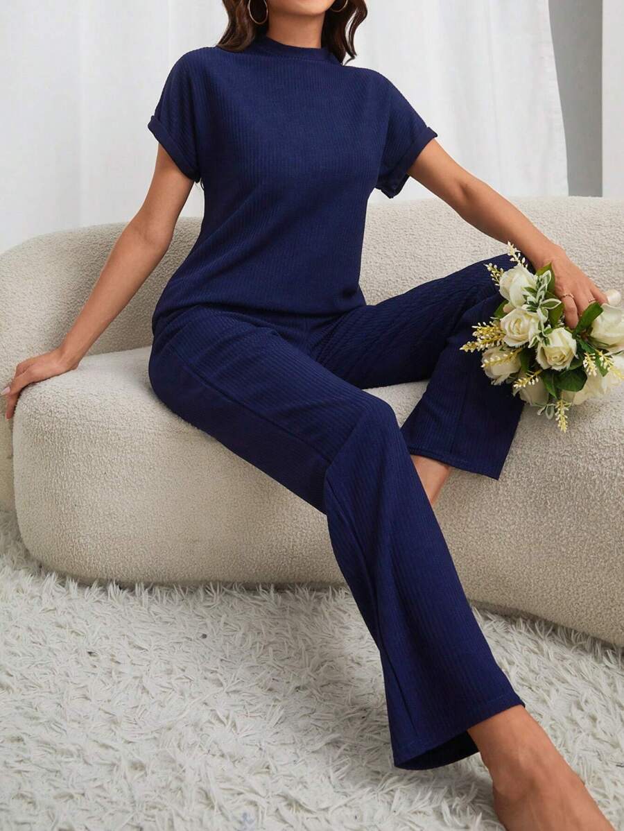 女式短袖立领上衣和裤子家居服套装 - 寶藍色 - 查看 1