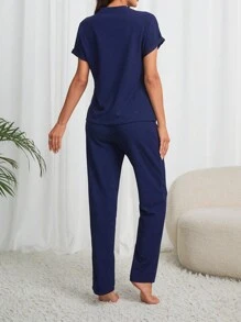 女式短袖立领上衣和裤子家居服套装 - 寶藍色 - 查看 2