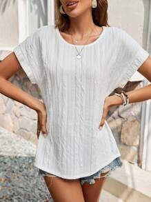 SHEIN LUNE Solid Texture Short Sleeve T-Shirt - White - View 6