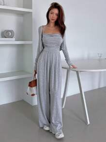 DAZY Women'S Short Jacket, Pleated Camisole Top And Wide Leg Pants 2pcs Outfit Set Lounge Sets For Women - Grey - View 7