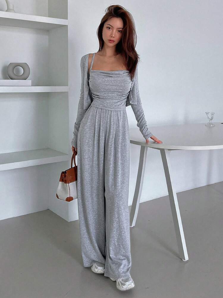 Women'S Short Jacket, Pleated Camisole Top And Wide Leg Pants 2pcs Outfit Set Lounge Sets For Women