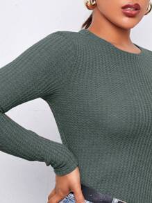 SHEIN Essnce 女款修身長袖窩夫針織t恤 - 綠色 - 查看 5