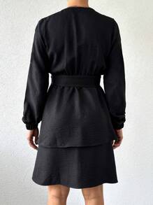 EURMUSE Women'S Mandarin Collar Long Sleeve Dress In Wei Style - Black - View 2