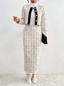 SHEIN Privé Contrast Color Decorated Plaid Thick Coat And A-Line Skirt Two Piece Set - Apricot - View 4