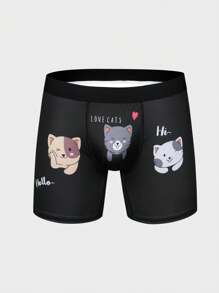 Men'S Letter & Cat Printed Boxer Briefs - Black - View 1