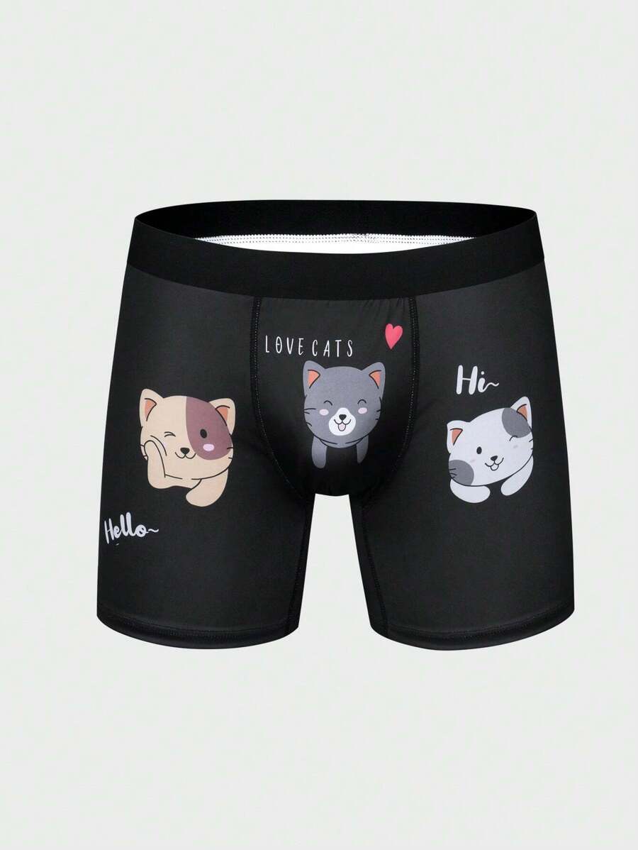 Men'S Letter & Cat Printed Boxer Briefs - Black - View 1