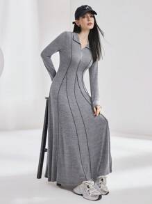 Seusyu 女式撞色滚边拉链半襟长袖端庄连衣裙，卷边下摆长裙冬季