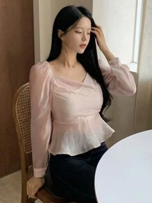 DAZY 女式甜心领口修腰长袖上衣 - 杏色 - 查看 5