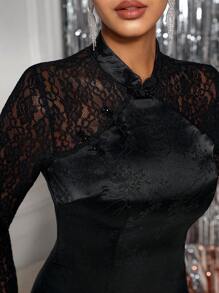 Zolique Lace Patchwork Satin And Jacquard Cheongsam Collar Linked Dress, Qipao Style - Black - View 5