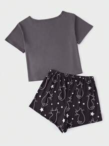Teen Girls' Cat Pattern Printed Short Sleeve T-Shirt And Shorts Homewear Set - Dark Grey - View 2