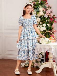Tween Girl Square Neck Puff Sleeve Multi-Layer Ruffle Hem Floral Print Patchwork Dress