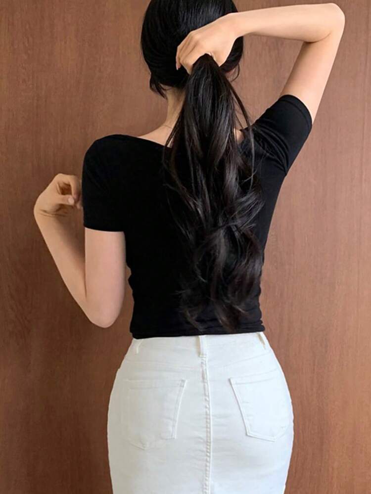 Women's Round Neck Solid Color Skinny T-Shirt Summer