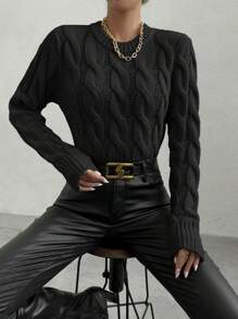Chiquease Solid Cable Knit Sweater,Long Sleeve Tops Knit Pullover Fall Winter Sweater - Black - View 7
